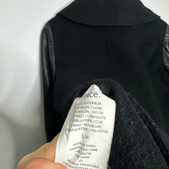 Vince Coat Double Faced Coat Wool Black Lamb Skin Leather Sleeve Shawl Collar S - Picture 7 of 8
